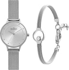 Skagen Anita Reloj de malla de acero inoxidable para mujer, plateado (Modelo: SKW2149) y pulsera Skagen "Elin" de cristal plateado, extensor de 6.5 pulgadas + 1.5 pulgadas