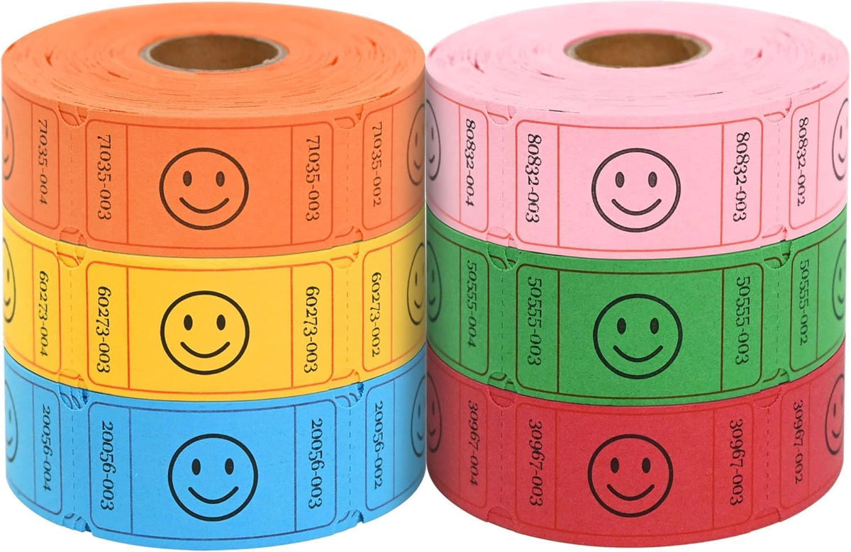 LLIKED 3000 Tickets de Rifas, 1x2 Pulgadas Diseño de Sonrisa, 6 Rollos de Colores Surtidos