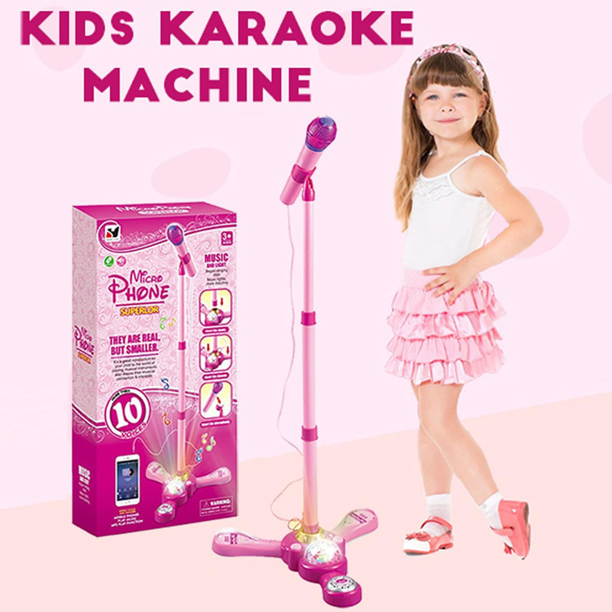 Máquina de karaoke para niños con soporte ajustable, micrófonos para cantar junto con luces de escenario intermitentes rotacionales y pedales, regalo para niñas y niños