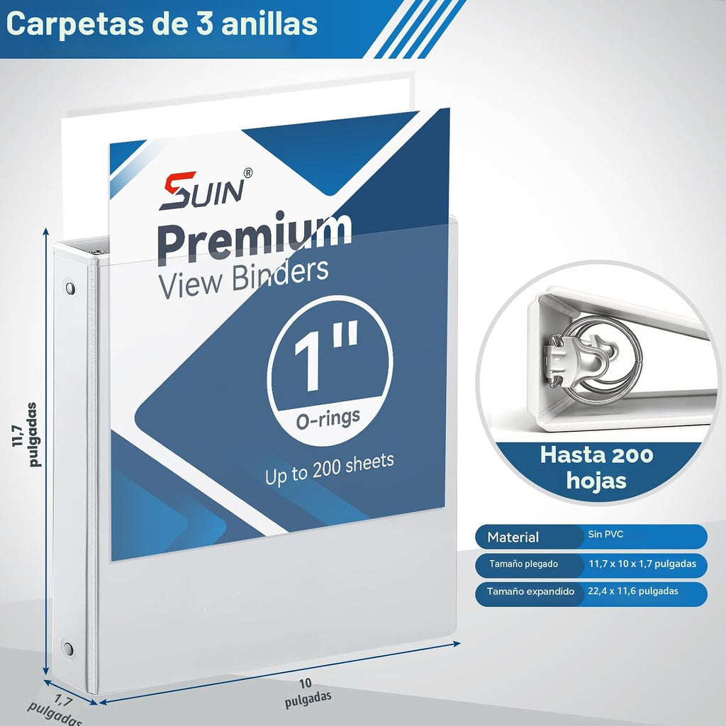 SUIN Carpeta de 3 anillos de 1 pulgada con 2 bolsillos, carpetas transparentes personalizables para letras de EE. UU. de 8.5 x 11 pulgadas, sin PVC, carpeta de 1 pulgada para oficina, hogar y escuela, color blanco, paquete de 6