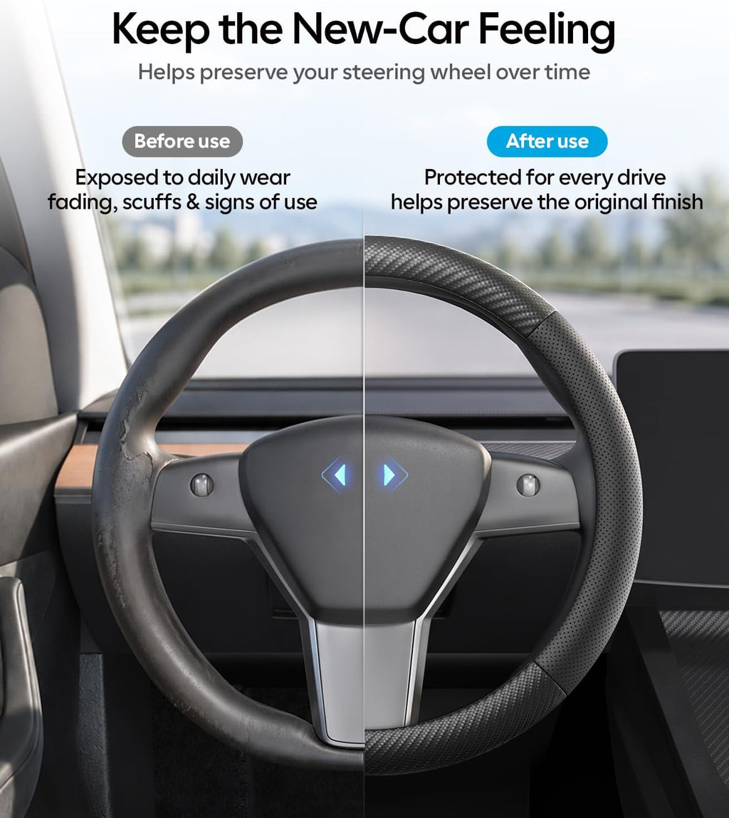 Wigoo Funda de volante para accesorios de modelos 20-24 Y/ 17-23 Model 3, redonda para Tesla Model Y 20-24 y Model 3 17-23 de piel de napa premium con piel de fibra de carbono para agarre
