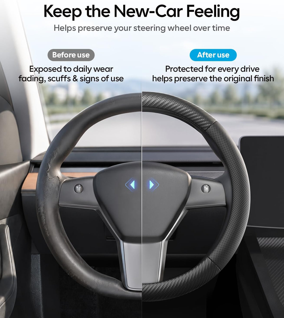 Wigoo Funda de volante para accesorios de modelos 20-24 Y/ 17-23 Model 3, redonda para Tesla Model Y 20-24 y Model 3 17-23 de piel de napa premium con piel de fibra de carbono para agarre