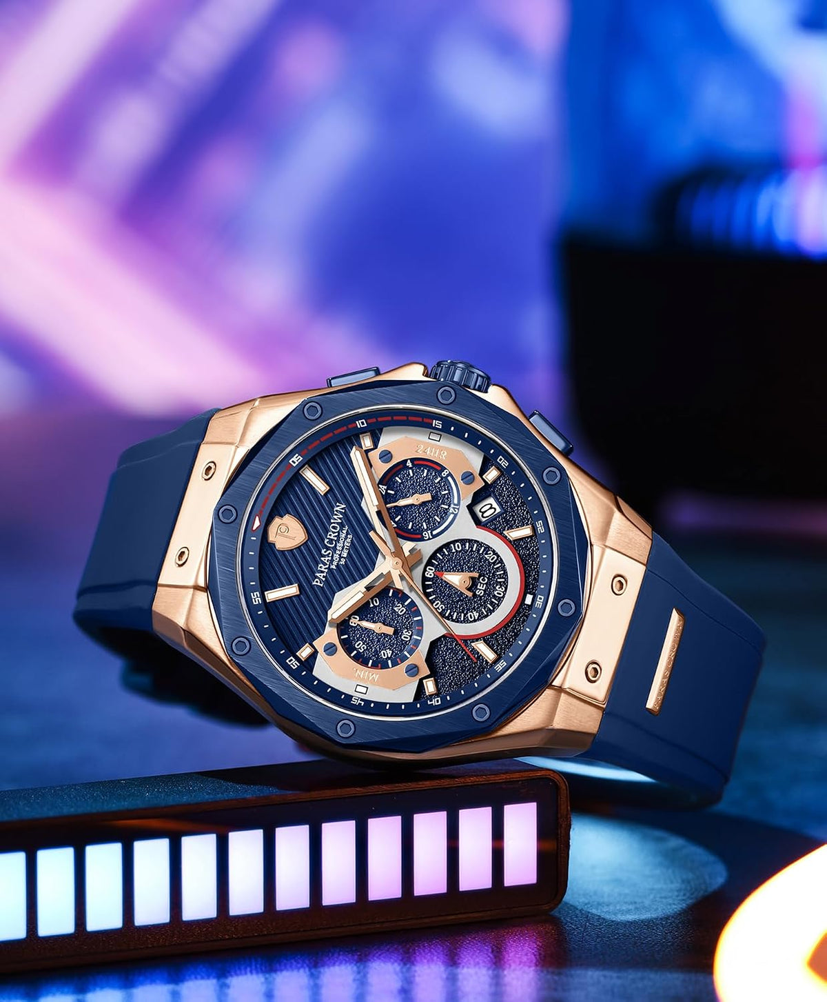 Paras Crown Relojes para Hombre Lujo Movimiento Japonés de Cuarzo Cronógrafo Analógico Caja de Acero Inoxidible Resistente al Agua 5ATM Relojes para Hombre