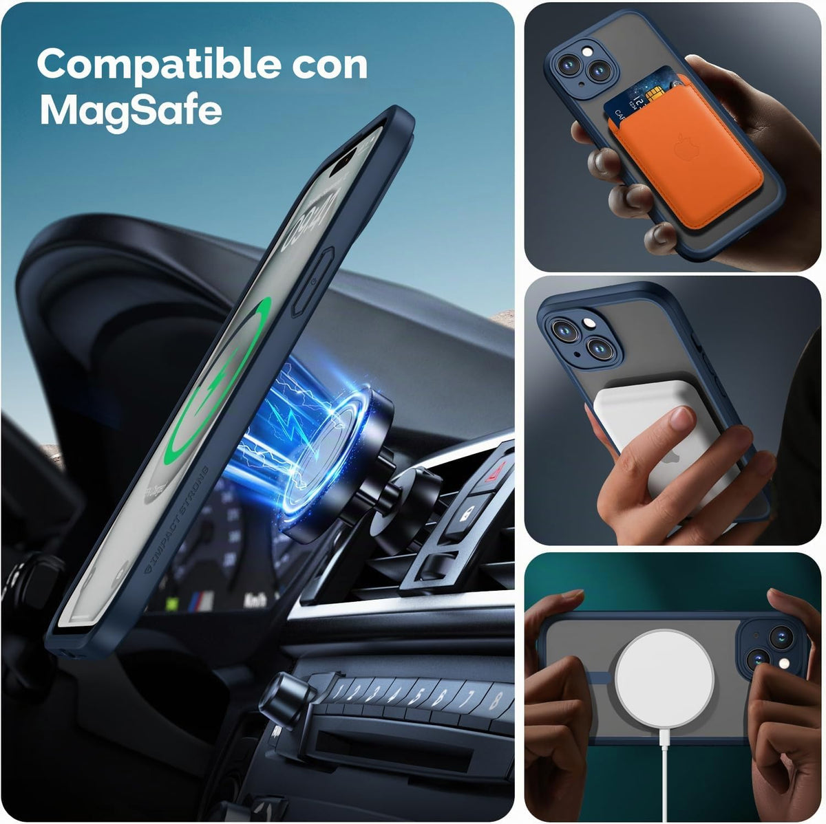 ImpactStrong Protector magnético diseñado para iPhone 15 [protección de cámara] [prueba de caídas de grado militar] [compatible con MagSafe] Funda delgada translúcida mate (6.1 pulgadas), azul marino
