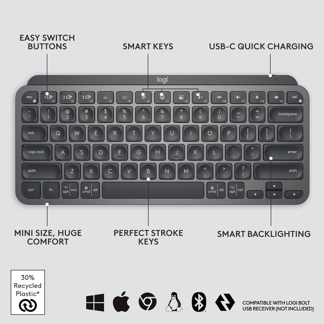 Logitech MX Keys Mini - Teclado minimalista, iluminado, inalámbrico...