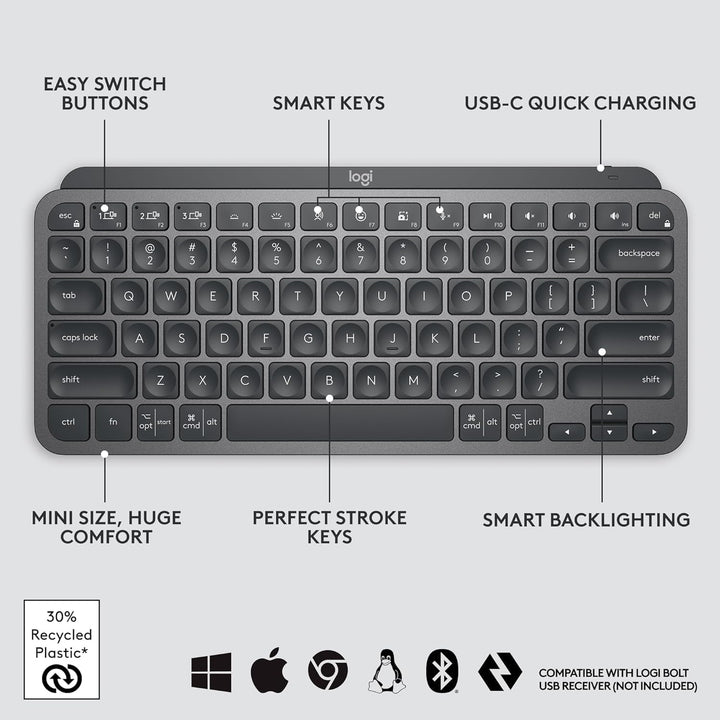 Logitech MX Keys Mini - Teclado minimalista, iluminado, inalámbrico...