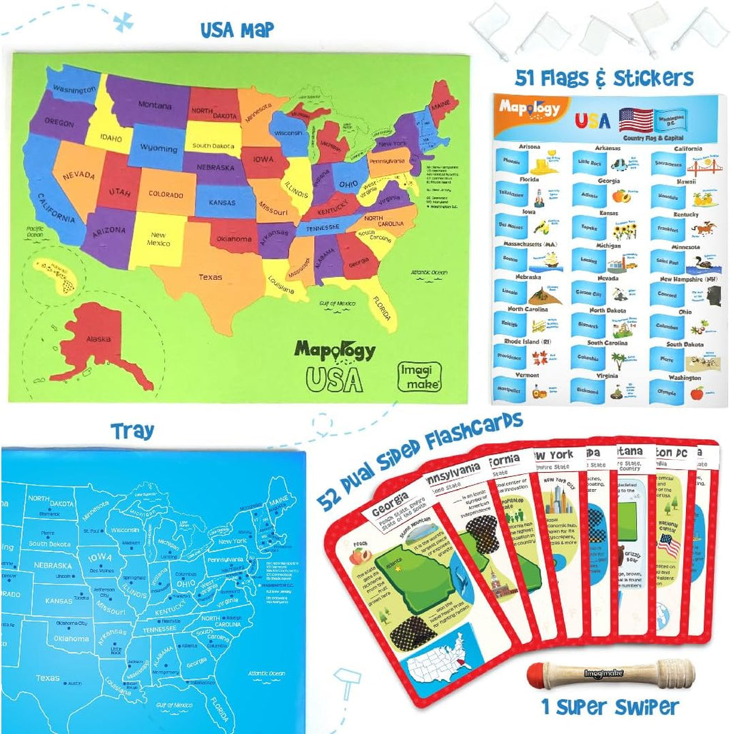 Imagimake Mapology - Rompecabezas de mapa de Estados Unidos con tarjetas flash para niños a partir de 8 años
