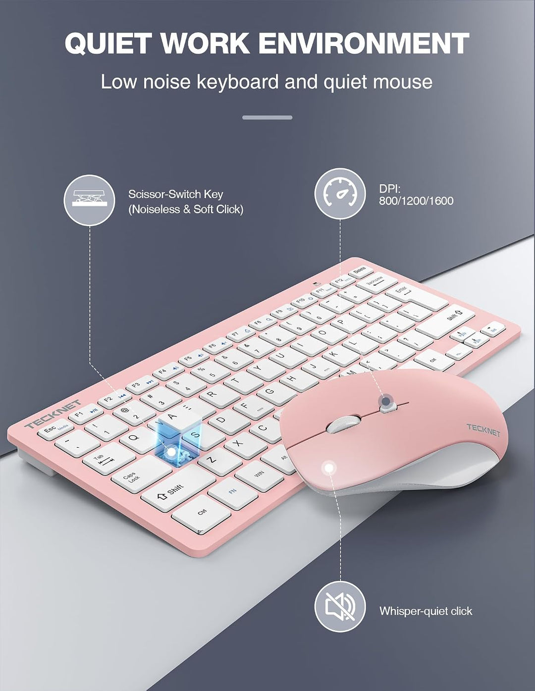 TECKNET Combo de teclado y ratón inalámbricos, mini conjunto de tec...