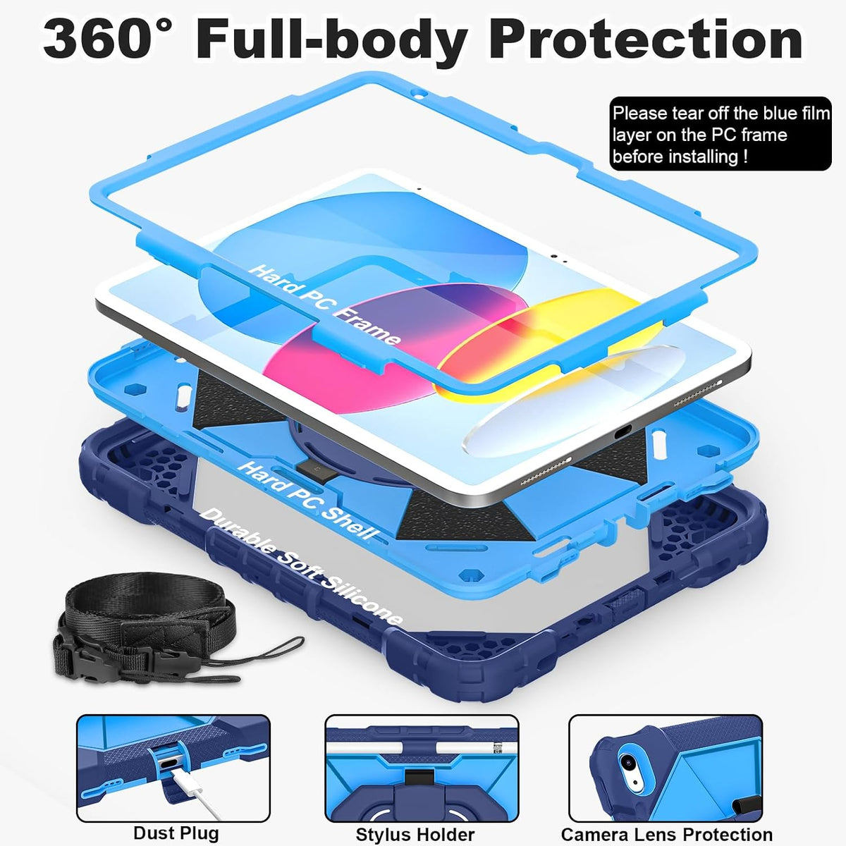 WESOROL Funda para iPad (A16) de 11ª/10ª generación 2025/2022 con protector de pantalla, soporte giratorio, soporte para lápiz, correa de hombro, resistente a prueba de golpes