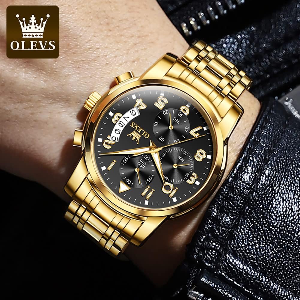 OLEVS Relojes de Oro para Hombres Reloj de Pulsera de Lujo a Prueba de Agua Gran Cara Elegante Acero Inoxidable Analógico Cuarzo Fecha Cronógrafo Luminoso Lectura Fácil Relojes de Negocios Regalos para Hombres Graduación