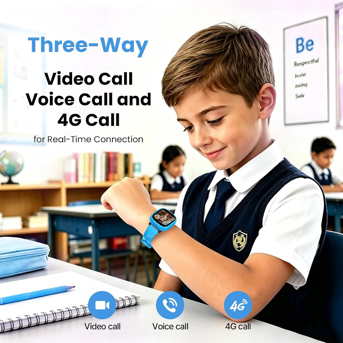 Reloj inteligente K3 para niños con rastreador GPS, reloj inteligente HD 4G de 1.7 pulgadas con videollamadas, mensajes de texto, aplicación parental, SOS, música, reloj despertador, modo