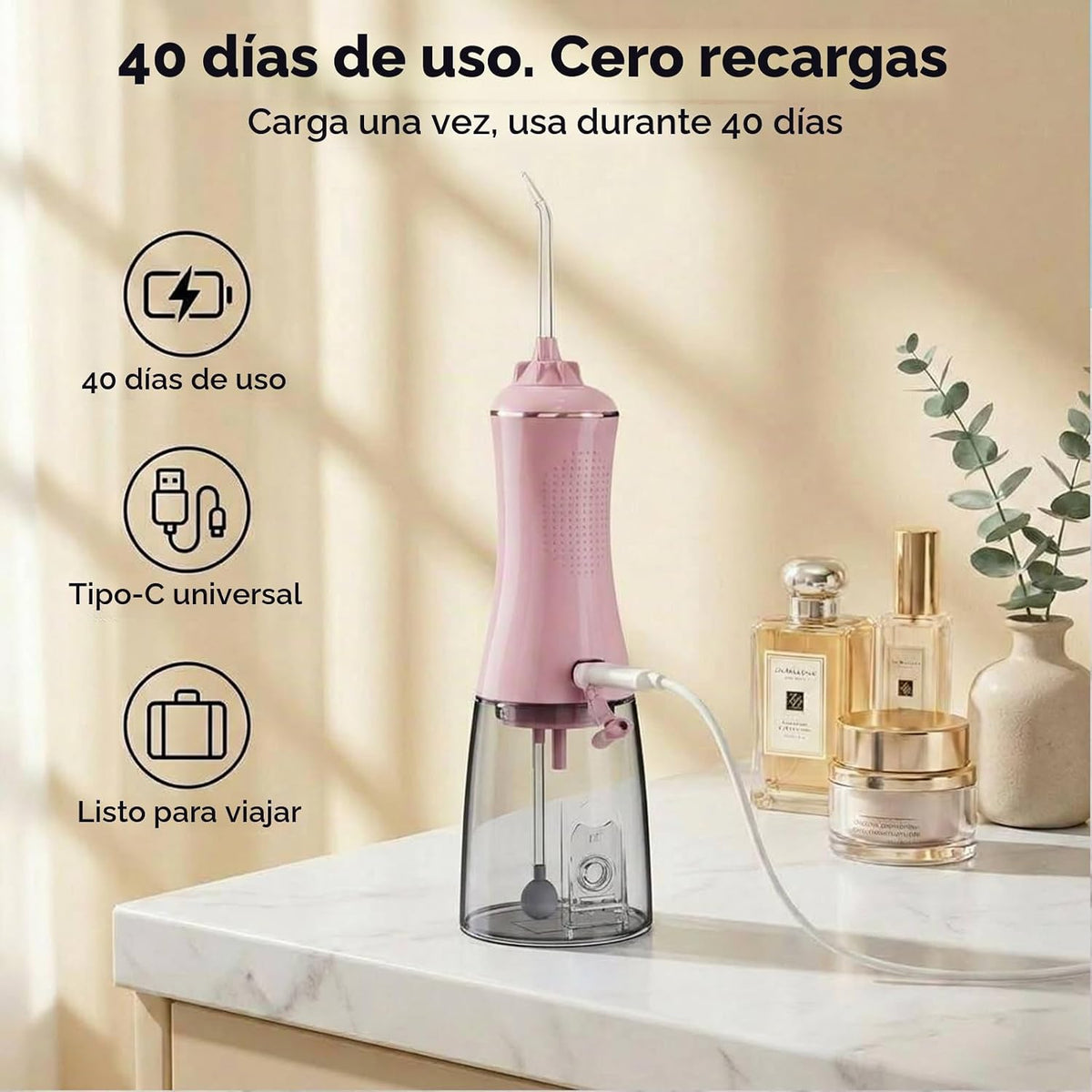 MOCEL Irrigador dental inalámbrico para dientes - Tanque grande de 350ML, Rosa
