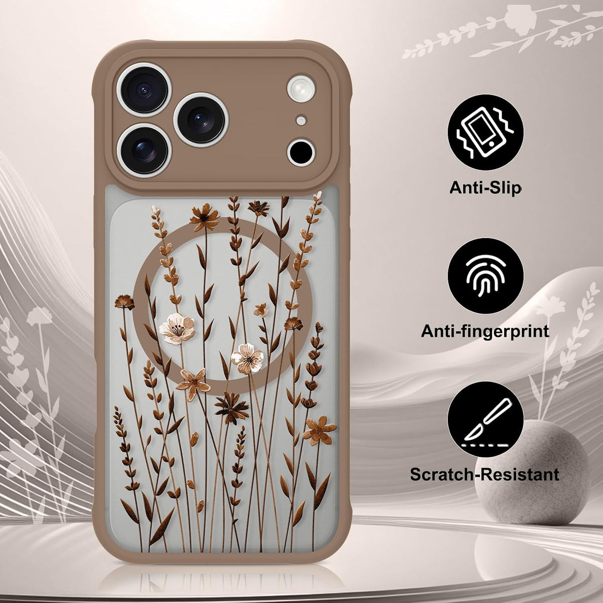 OOK Funda de teléfono marrón con flores florales para Pro de 6.3 pulgadas