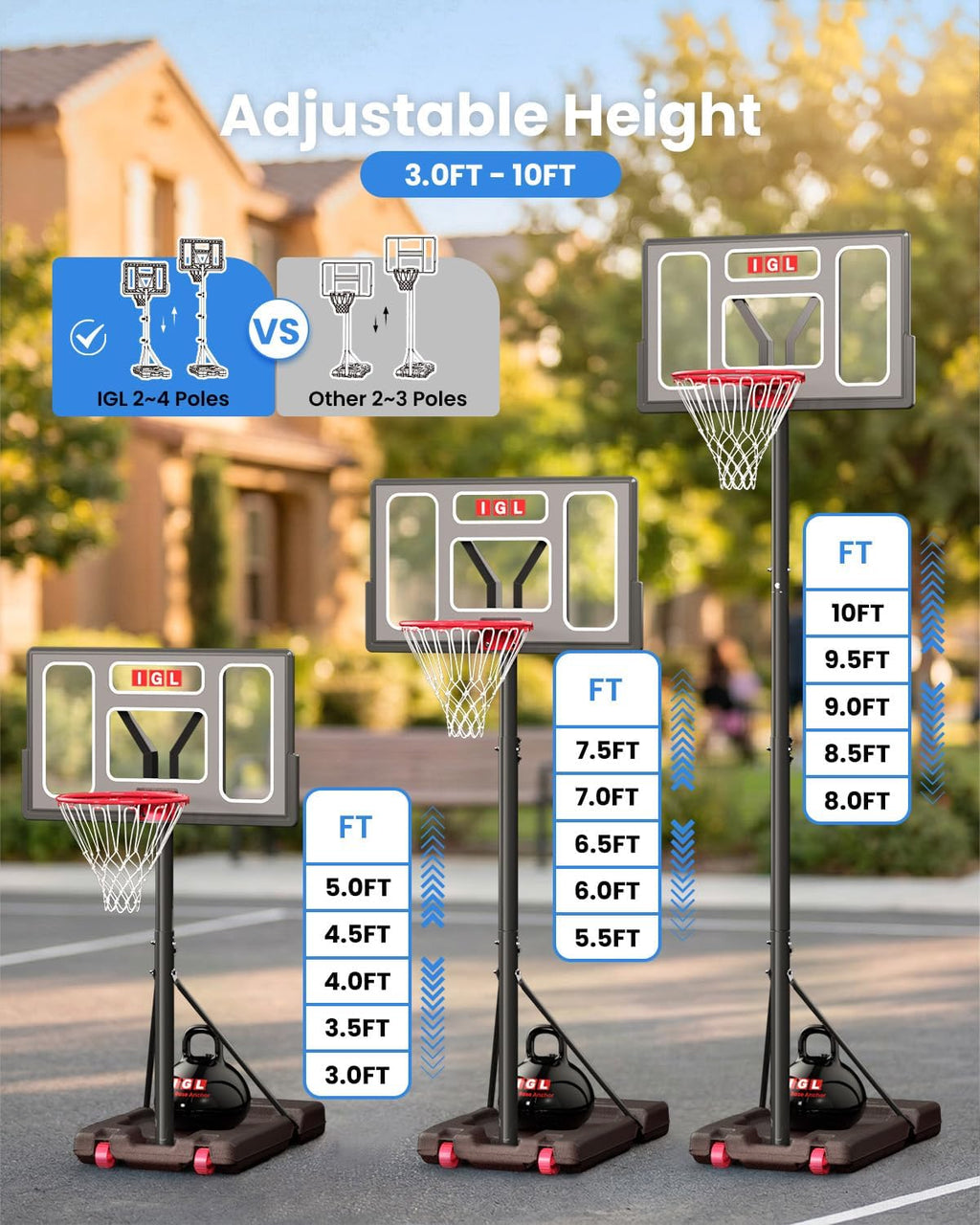 Aro de baloncesto portátil, sistema de canasta ajustable de 5.6-10 pies, aro de baloncesto de 44 pulgadas para exteriores y metas para niños, jóvenes y adultos en el patio trasero, entrada con