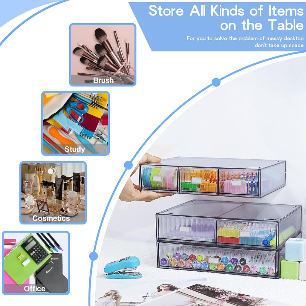Organizador de Escritorio Apilable de 3 Niveles con 6 Cajones, YOCOMEY Caja de Almacenamiento de Escritorio de Plástico con Cajones, Organizador Desmontable de Almacenamiento de Maquillaje y