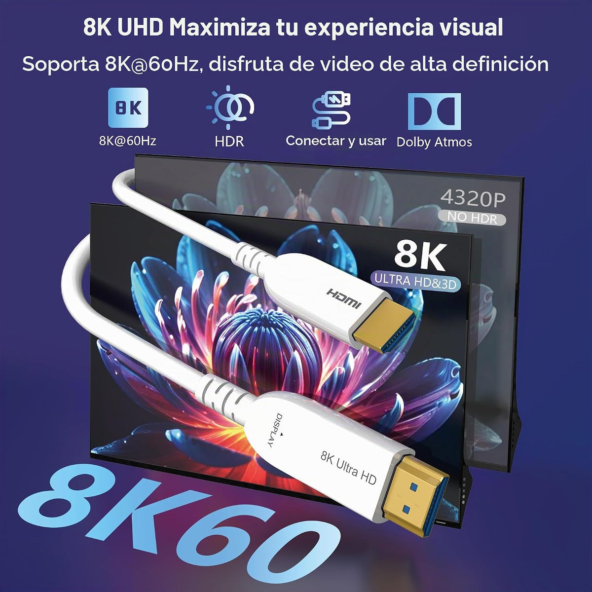 Cable HDMI de fibra óptica de 8K de 50 pies, cable HDMI 2.1 activo largo de 48 Gbps ultra alta velocidad 8K @60Hz 4K @120Hz HDR10 eARC 3D HDCP 2.3 compatible con laptop, PC, monitor, PS5, PS4, Xbox, HDTV, proyector