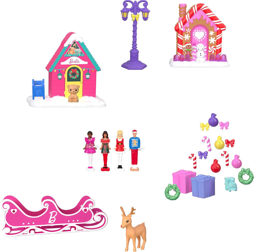 Calendario de Adviento Coleccionista Barbie Mini Land con Muñecas de 3.8 cm y 24 Días de Sorpresas, Áreas de Juego del Pueblo Invernal para Diversión Narrativa