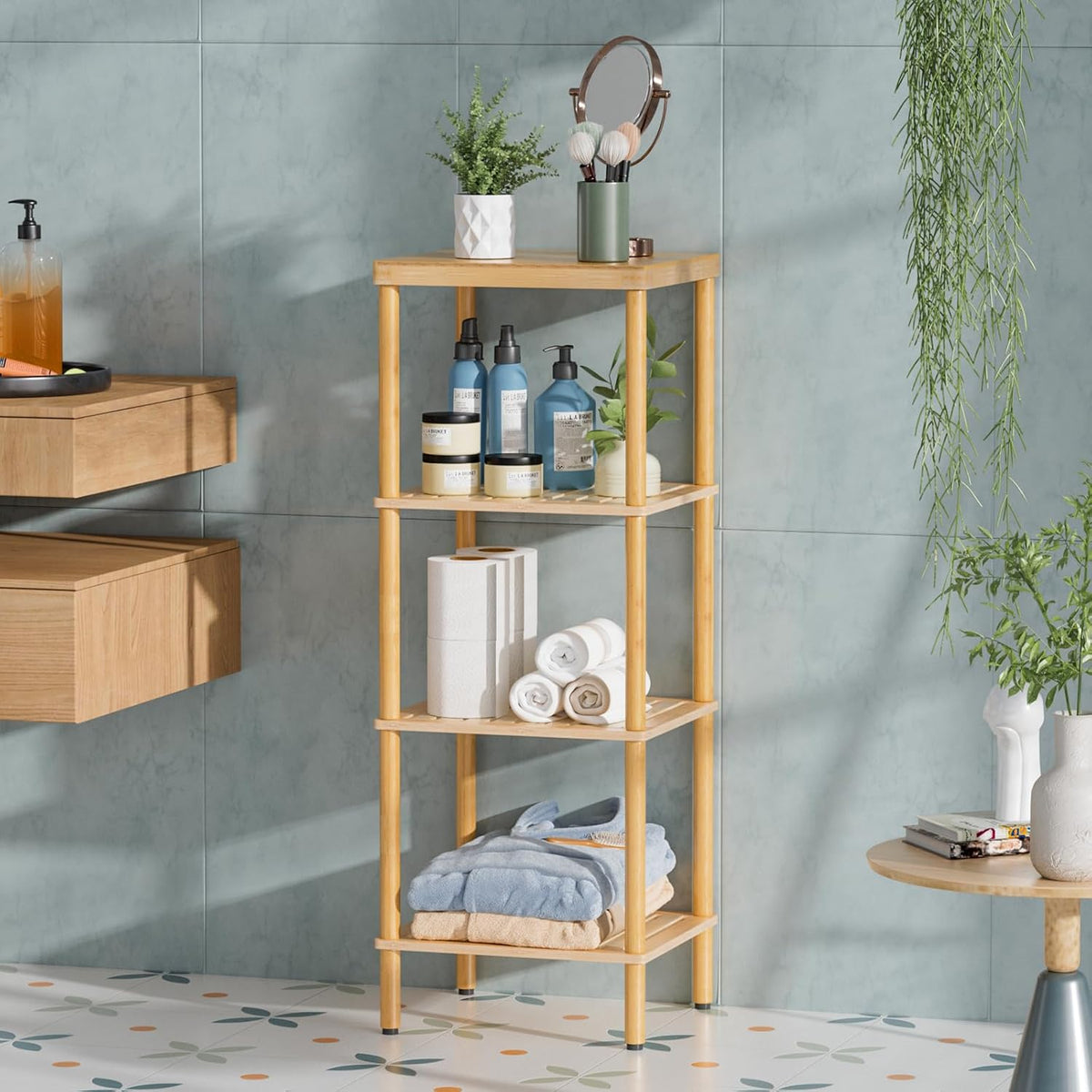 AmazerBath Estante de baño de bambú, estante de almacenamiento de baño de 4 niveles, estante de almacenamiento multifuncional para sala de estar, dormitorio, cocina, ahorrador de espacio