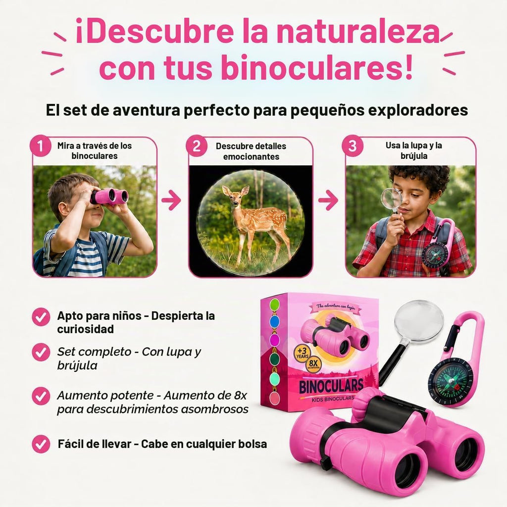 Binoculares para niños – Juguete perfecto para niños pequeños y niñas – Juego extenso que incluye lupa y brújula – Potente aumento 8 x 21 – niños de 3 a 12 años para niños pequeños