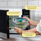 Anyday Juego de 4 Piezas de Utensilios de Cocina para Microondas y Almacenamiento de Alimentos de Vidrio con Tapas de Vidrio | Recipientes Medianos Sin Plástico | Vaporera Apilable con Tapa Ventilada