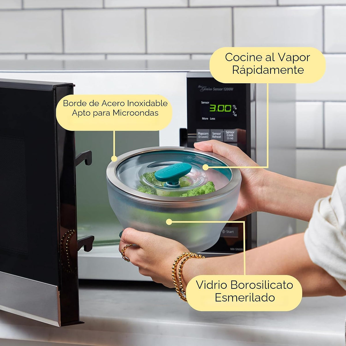 Anyday Juego de 4 Piezas de Utensilios de Cocina para Microondas y Almacenamiento de Alimentos de Vidrio con Tapas de Vidrio | Recipientes Medianos Sin Plástico | Vaporera Apilable con Tapa Ventilada