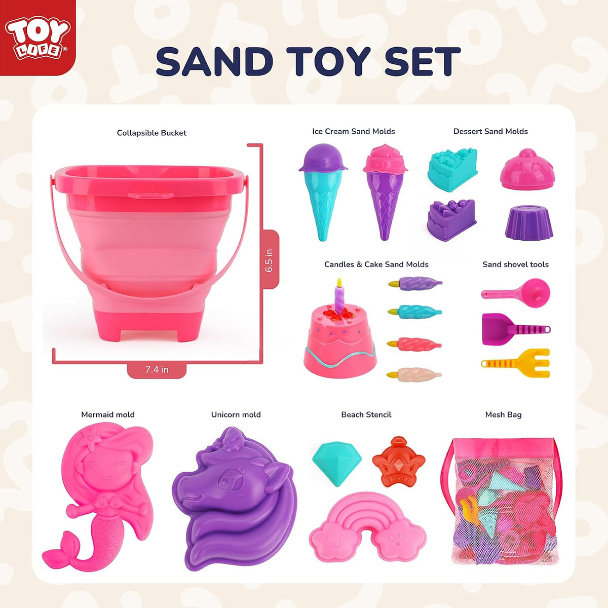 TOY Life 23 piezas de juguetes de playa de unicornio para niños de 4 a 8 años, juguetes de arena plegables con cubo de silicona, palas y kit de moldes para construir castillos de arena, juguete de