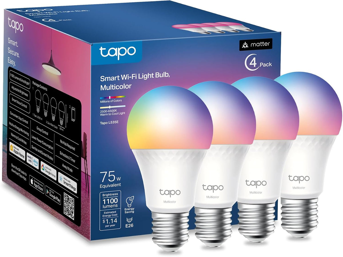Tapo TP-Link - Bombillas inteligentes de luz, 1100 lúmenes de alta luminosidad (equivalente a 75 W), certificadas Matter, 16M colores, bombilla WiFi regulable, funciona con Siri, Alexa y Google Home
