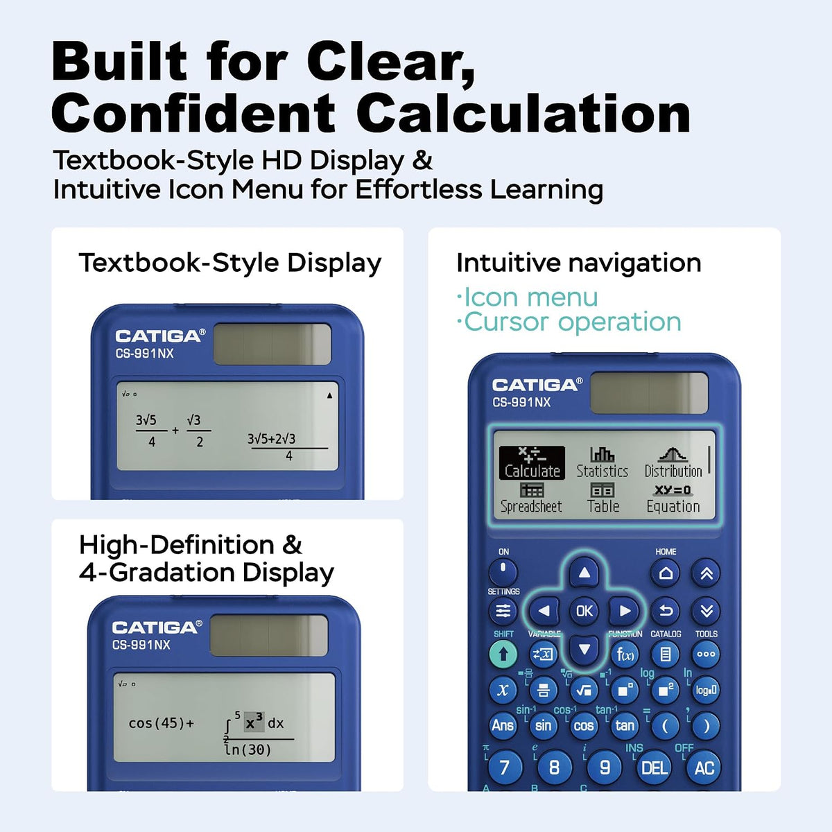 CATIGA Calculadora científica azul con pantalla HD estilo libro de texto, calculadoras científicas solares y de batería para estudiantes universitarios, secundaria e ingeniería, menú de iconos y