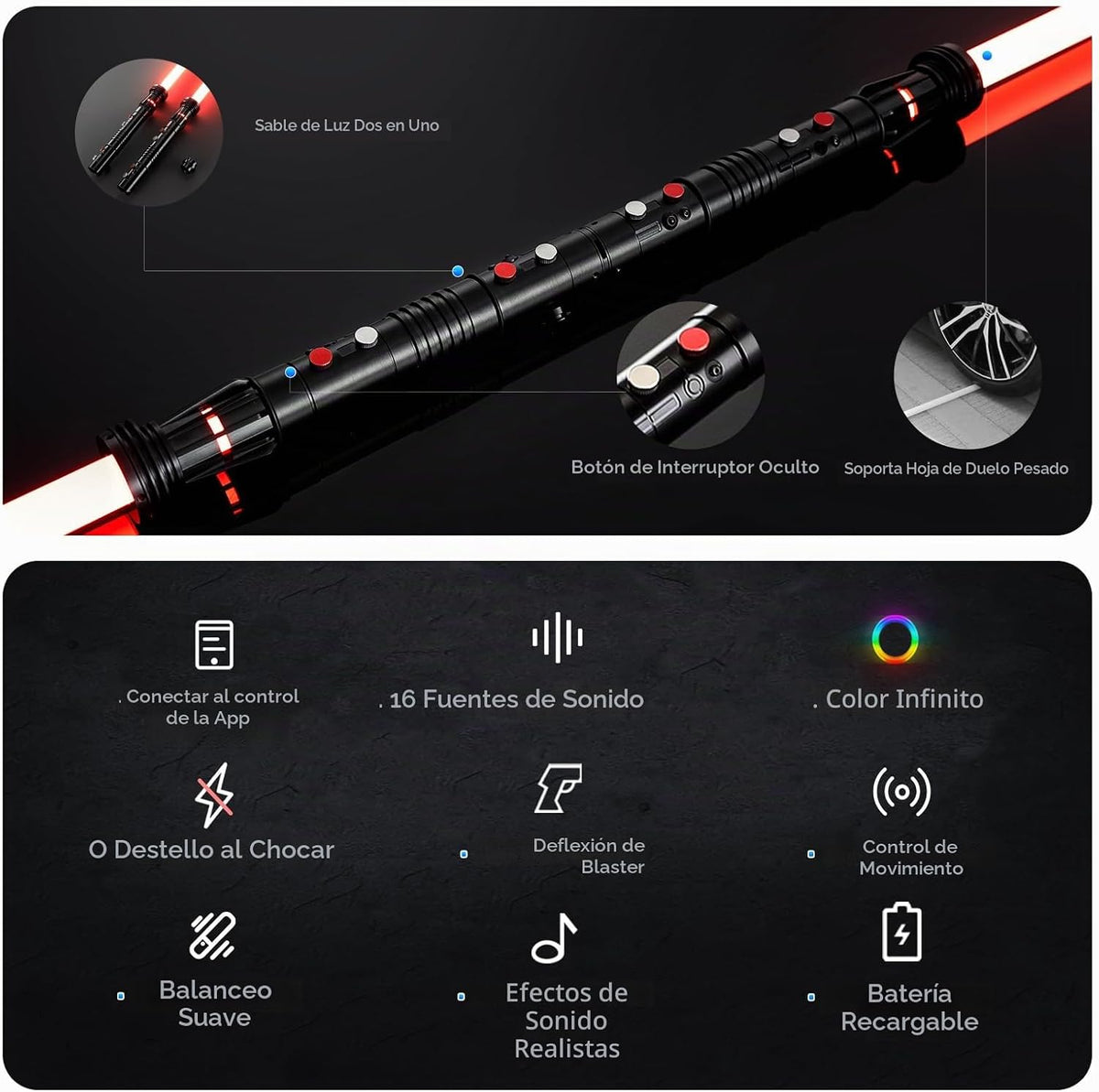 Sable de luz RGB3.0 de doble hoja con balanceo suave, sable de luz de duelo con control de movimiento, 16 fuentes de sonido, sables de luz con color infinito y 16 colores sólidos