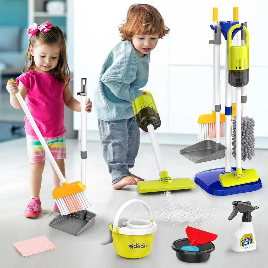 Juego de juguetes de limpieza para niños pequeños, juego de juguetes de limpieza para niños, juego de limpieza del hogar de imitación - Incluye. Juego de aspiradora eléctrica, juego de escoba