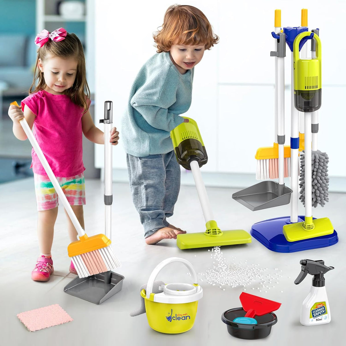 Juego de juguetes de limpieza para niños pequeños, juego de juguetes de limpieza para niños, juego de limpieza del hogar de imitación - Incluye. Juego de aspiradora eléctrica, juego de escoba