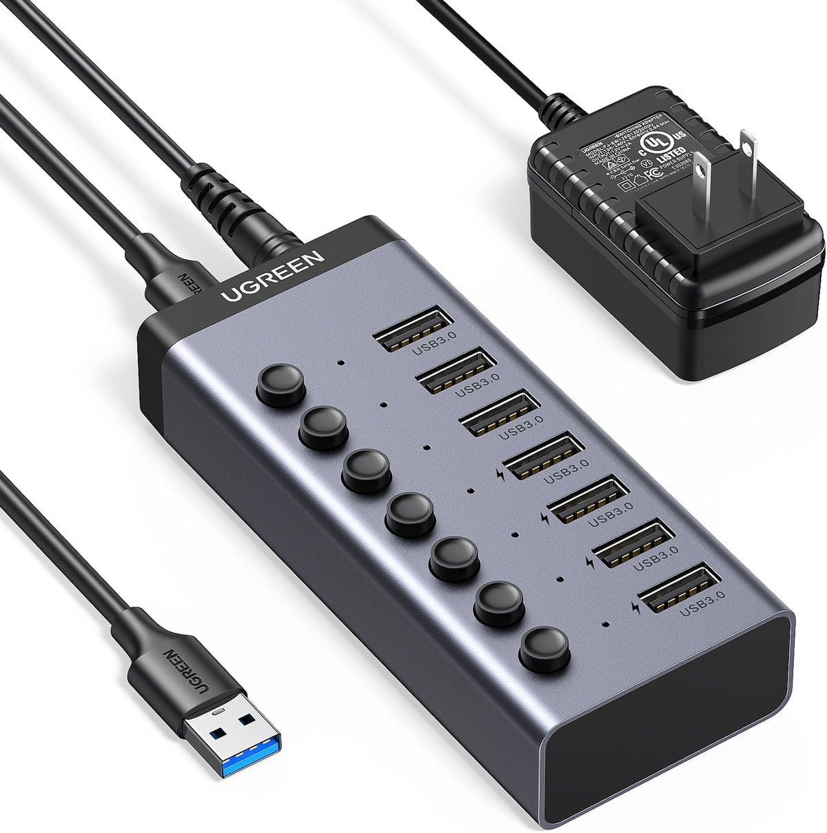 UGREEN, 90305, hub USB 3.0 de 7 puertos, adaptador 12V/2A