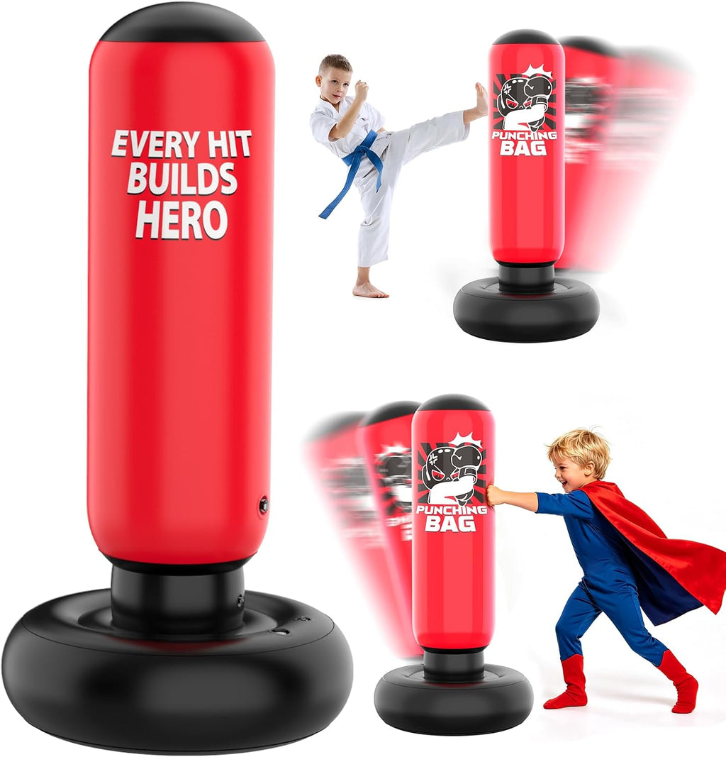 Saco de boxeo inflable de 47 pulgadas para niños con capa de superhéroe y máscara