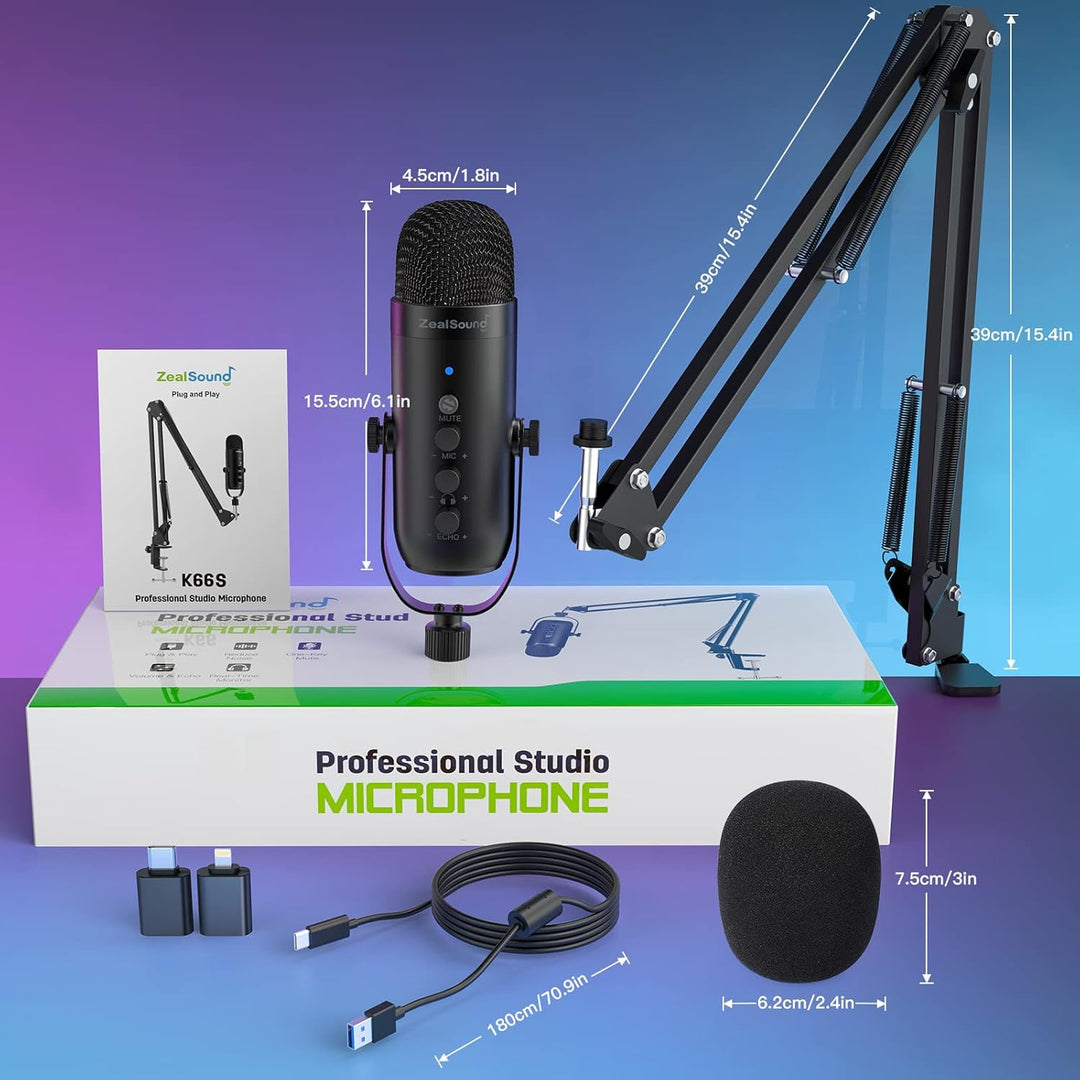 ZealSound Micrófono de podcast con brazo de brazo, micrófono USB co...