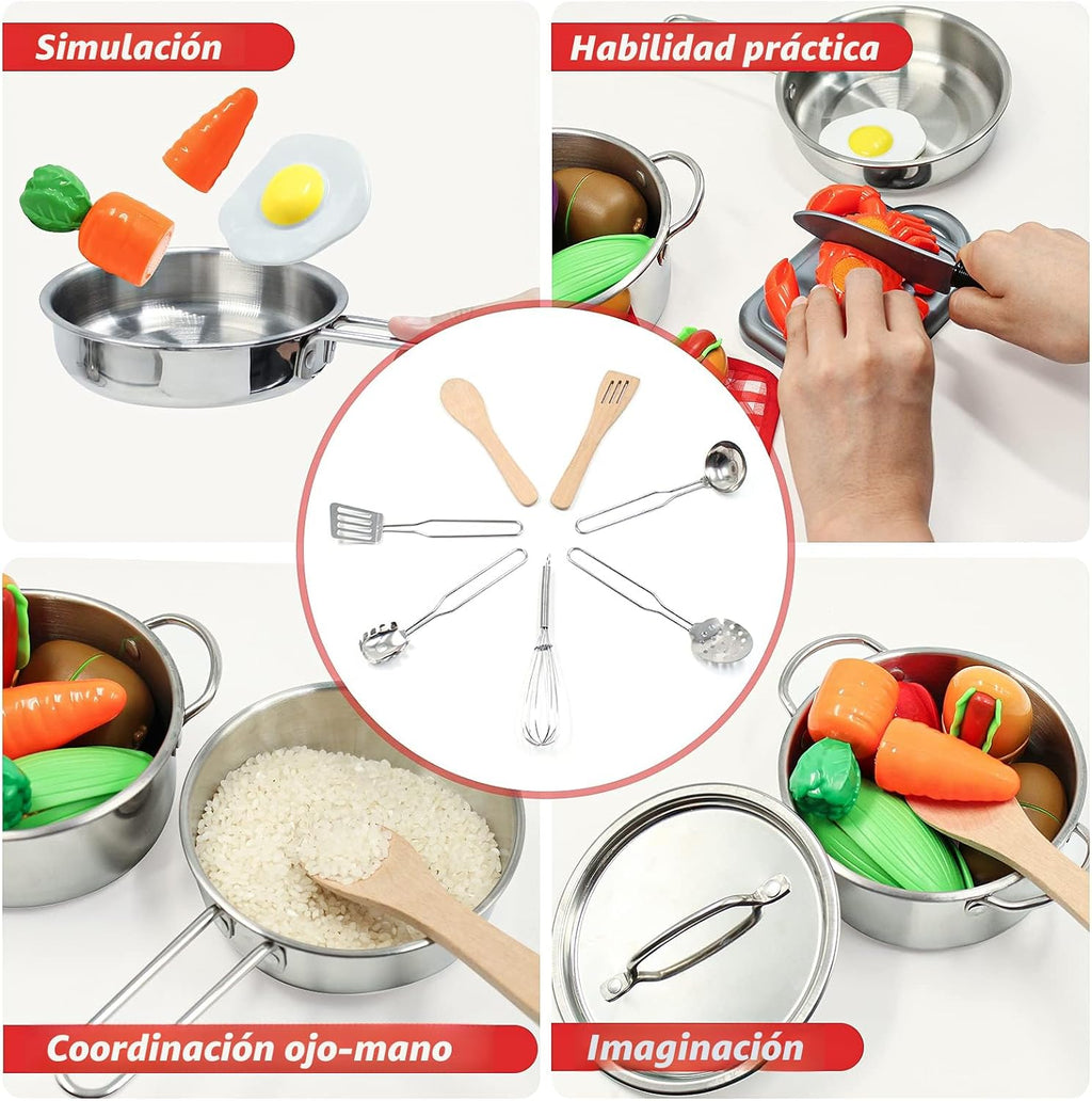 Juego de accesorios de cocina para niños, juego de 32 artículos de ollas y sartenes de acero inoxidable con organizador de estante, utensilios de cocina de metal y delantal, comida de juego con cesta