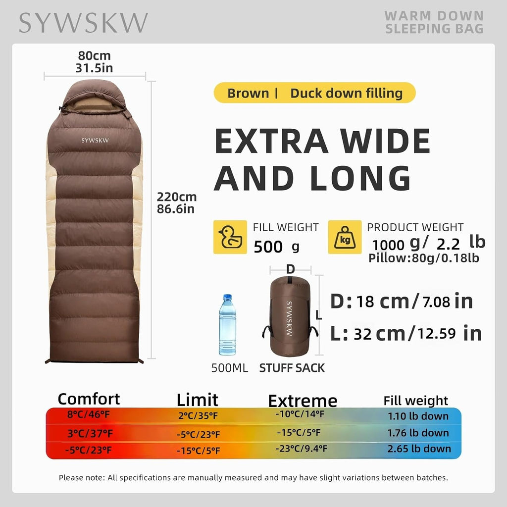 Saco de dormir Down con almohada para adultos y adolescentes, para senderismo