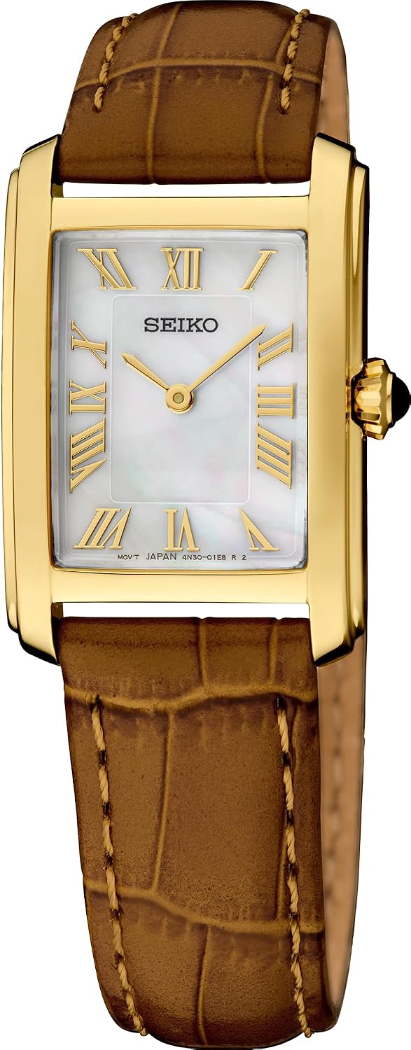 SEIKO SWR100 Reloj de cuarzo para mujer, resistente al agua 30M, elegante esfera de nácar, corona de cabujón, correa de cuero - dorado
