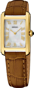 SEIKO SWR100 Reloj de cuarzo para mujer, resistente al agua 30M, elegante esfera de nácar, corona de cabujón, correa de cuero - dorado