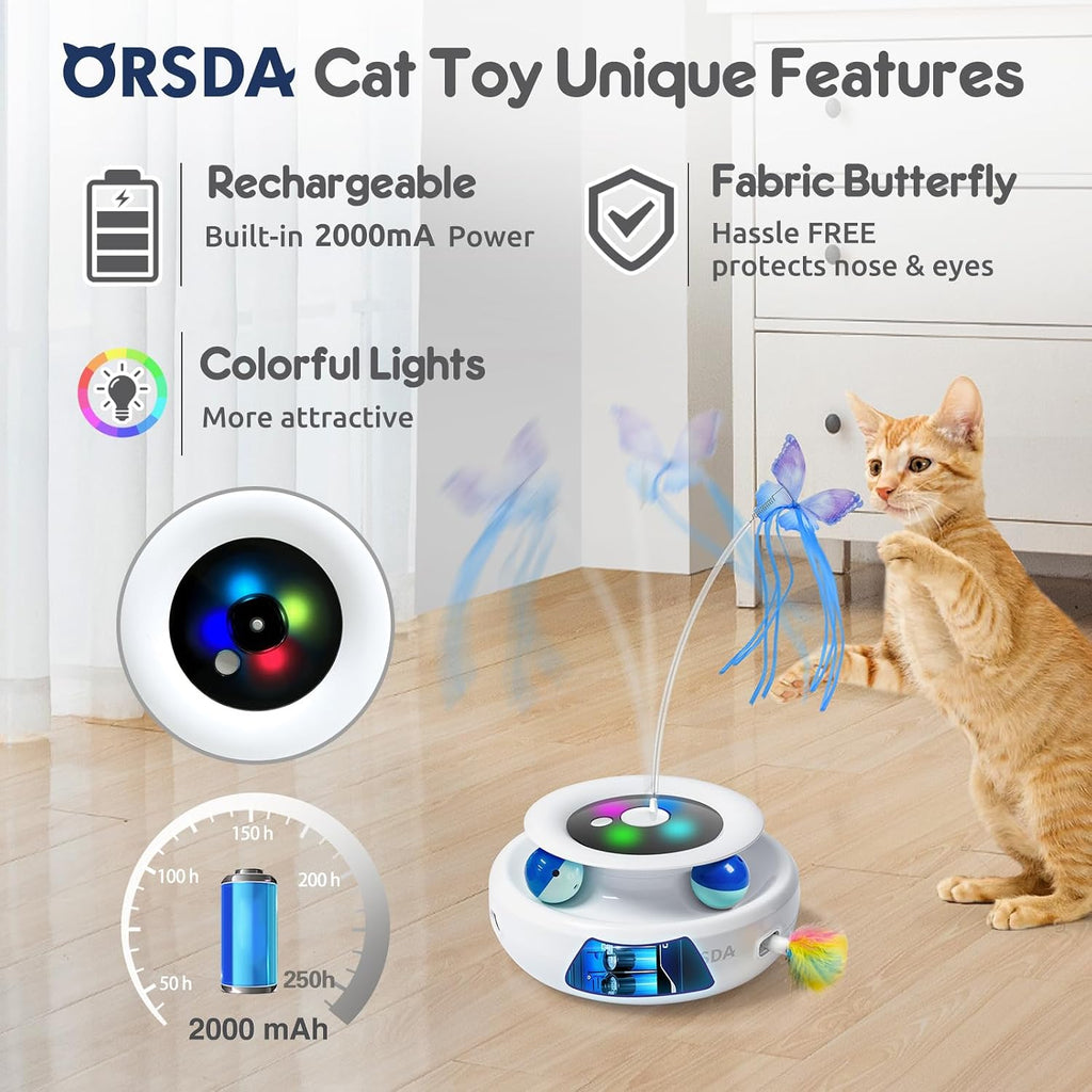 ORSDA Juguete para gatos, juguete interactivo electrónico automático 3 en 1 con plumas de emboscada en movimiento, mariposa revoloteante, bolas de seguimiento, pateador inteligente recargable por USB