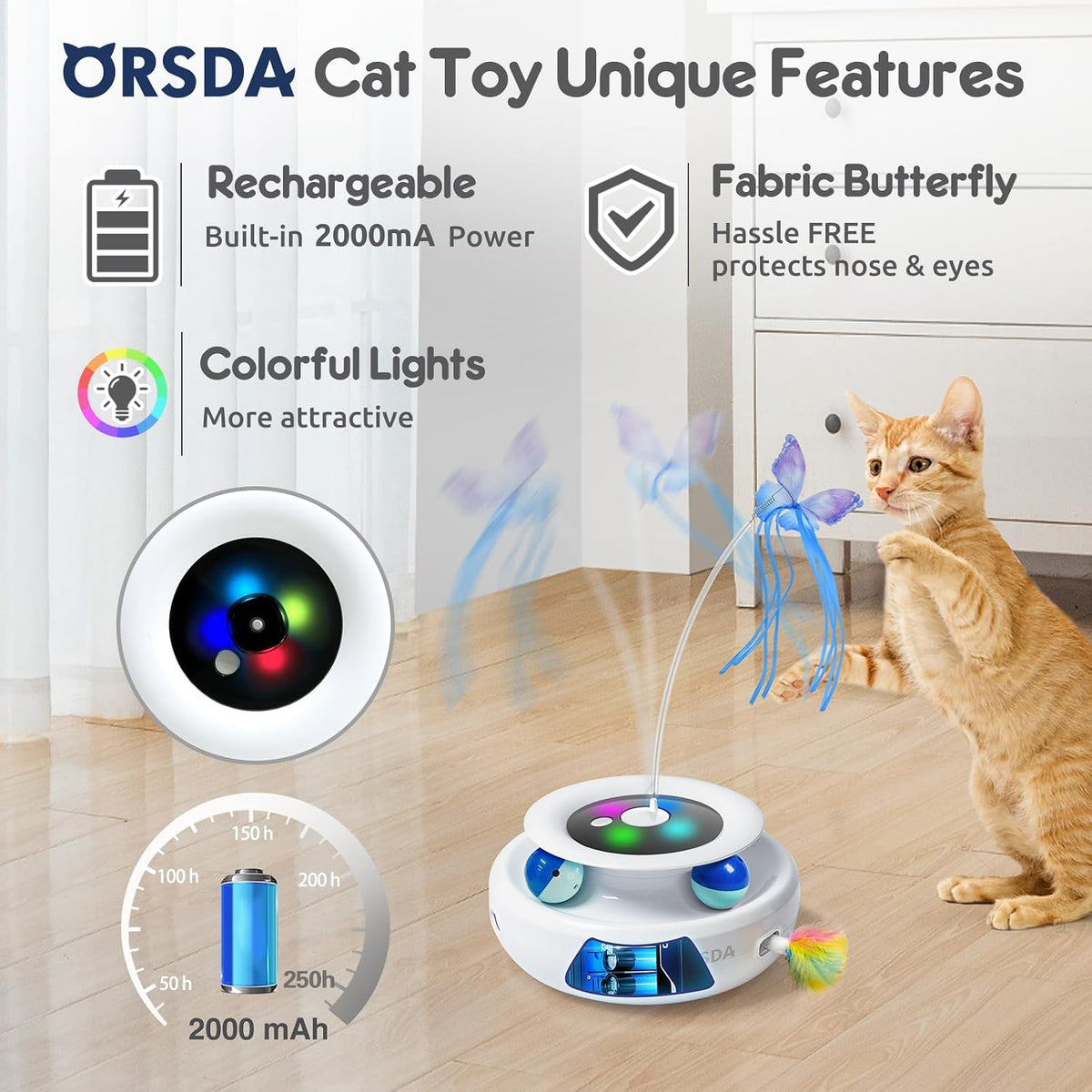 ORSDA Juguete para gatos, juguete interactivo electrónico automático 3 en 1 con plumas de emboscada en movimiento, mariposa revoloteante, bolas de seguimiento, pateador inteligente recargable por USB