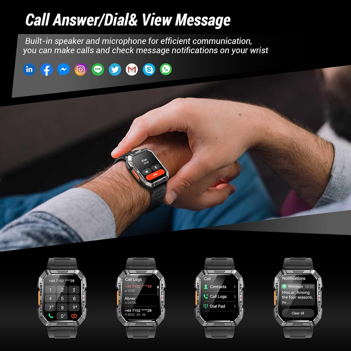 Reloj inteligente militar para hombre (respuesta/hacer llamadas), reloj inteligente de 2.01 pulgadas para Android y iPhone, rastreador de actividad física con linterna/brújula/batería de 100 días/frecuencia cardíaca/sueño/más de 100 modos deportivos (2