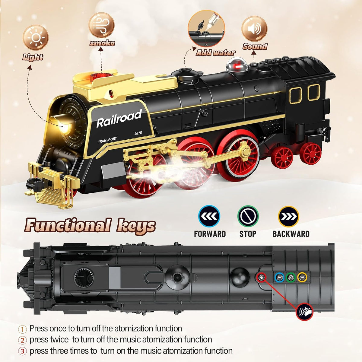Juego de tren eléctrico con control remoto, humo, luces, sonido