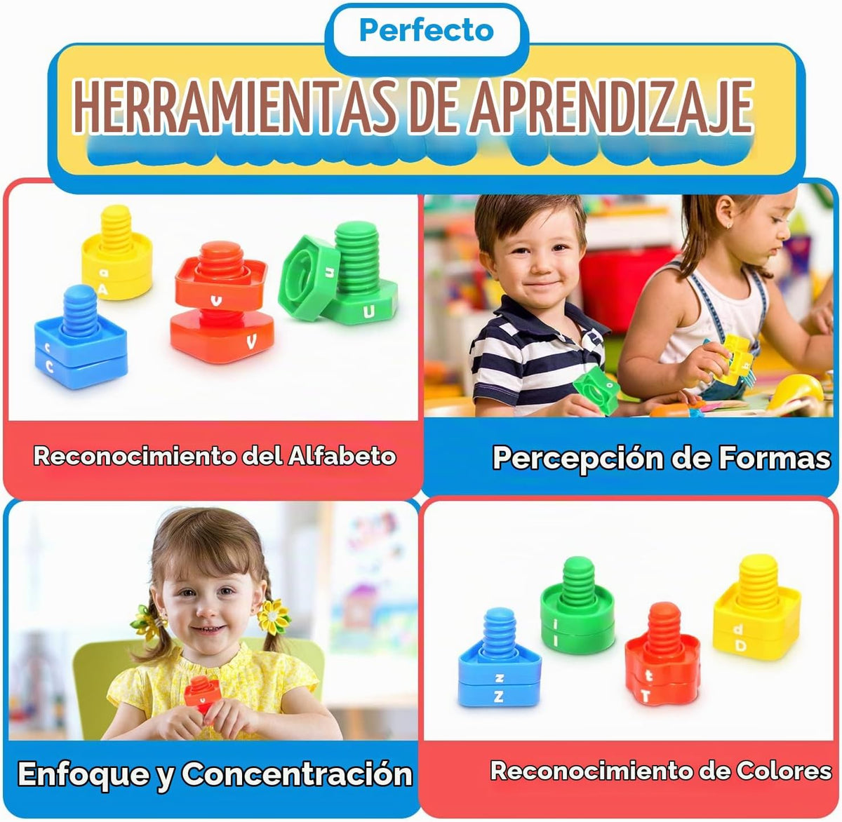 Juego de aprendizaje de letras a juego | Juego de juguetes preescolares para niños | 26 juguetes de aprendizaje del alfabeto con 52 piezas de tuercas y pernos, juguetes de clasificación y apilamiento