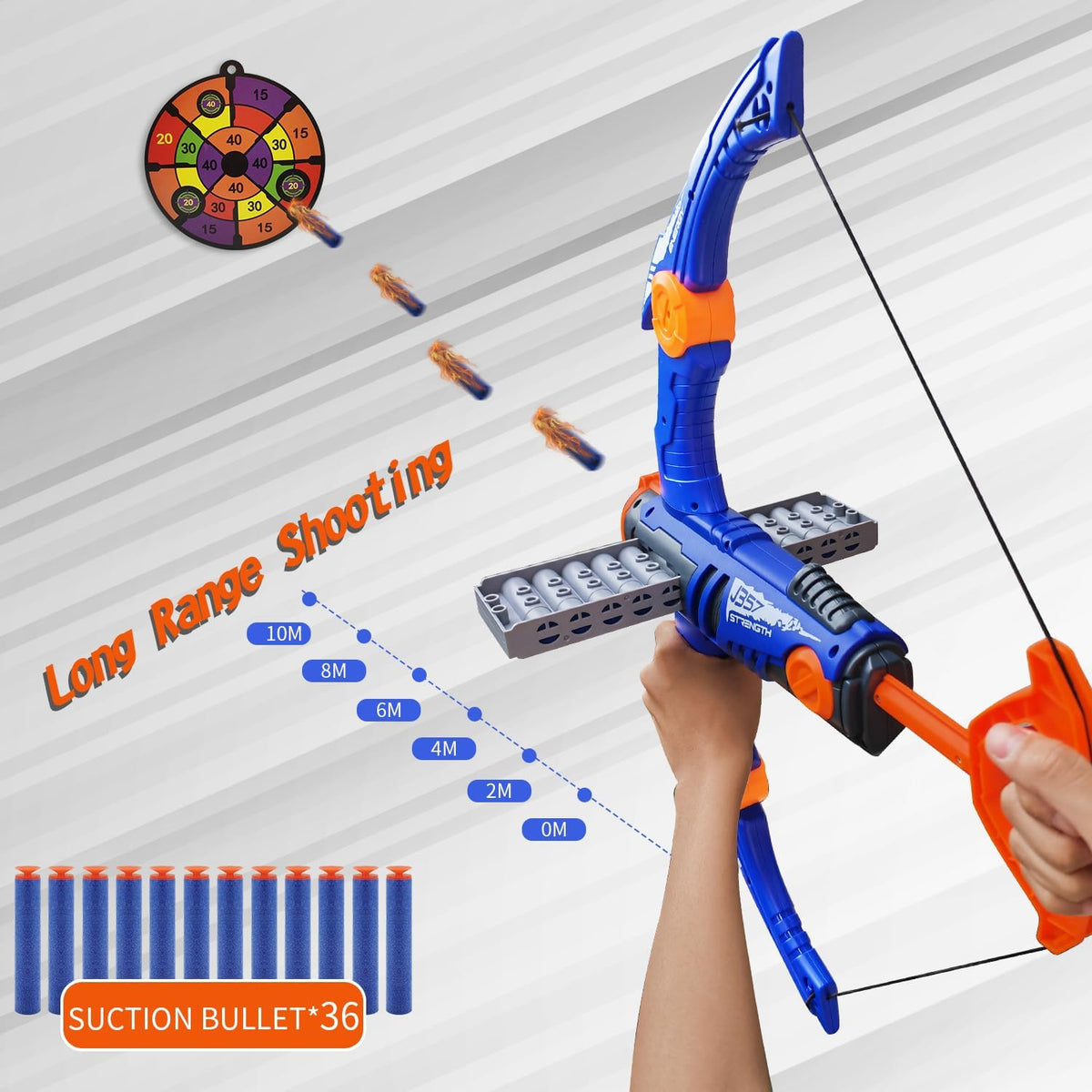Arco y flecha de juguete para balas de pistola Nerf, juego de tiro con bala de espuma de 12 dardos con 36 dardos de espuma, 1 gafas y objetivo, regalo de cumpleaños para fiesta (azul)