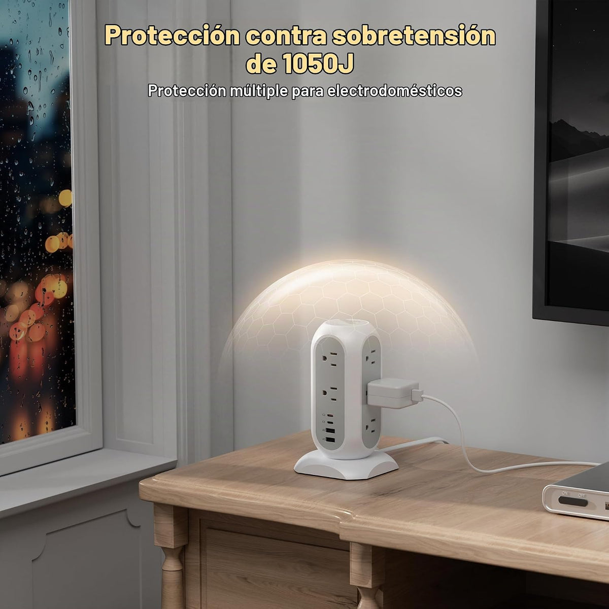 Regleta en torre TESSAN con enchufe plano y protección contra sobretensiones de 1050J, 6 ft, gris