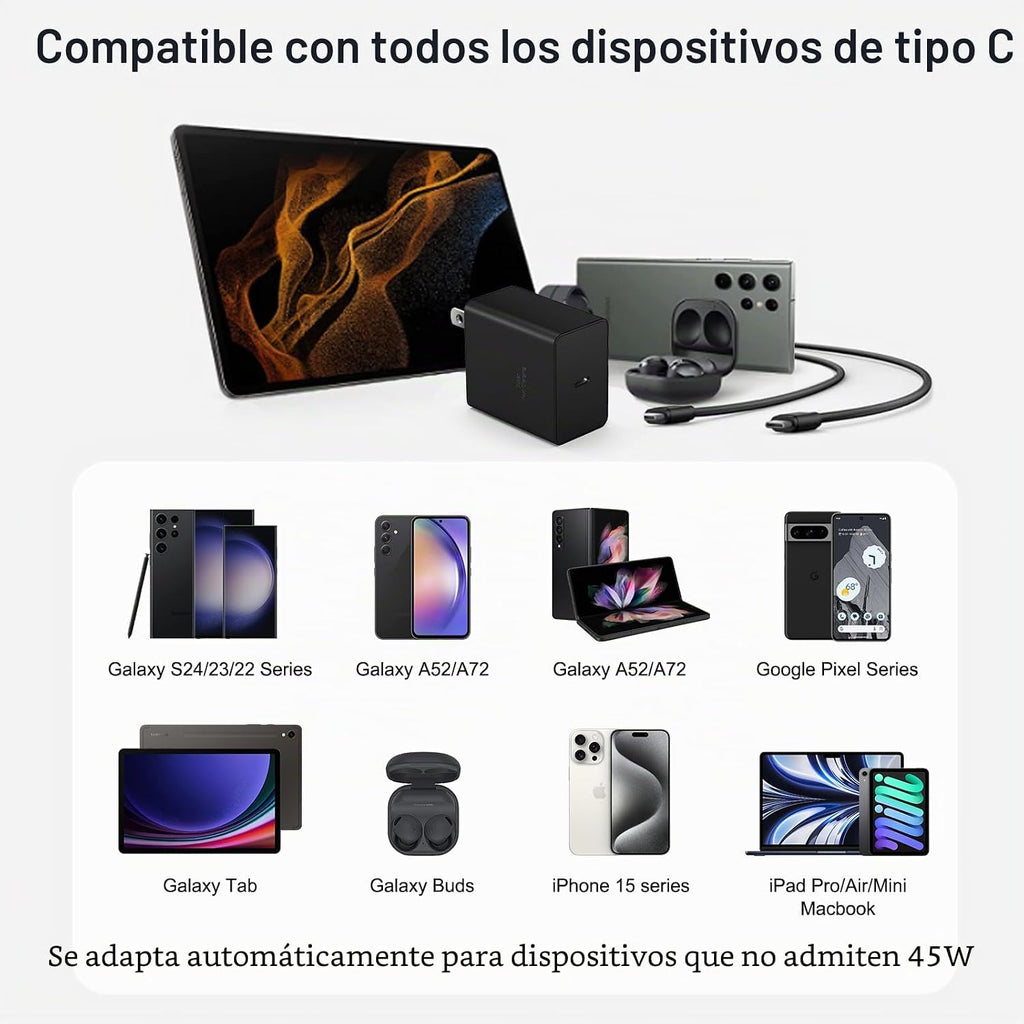 Cargador USB C tipo C cargador de carga rápida 10FT 45W Samsung