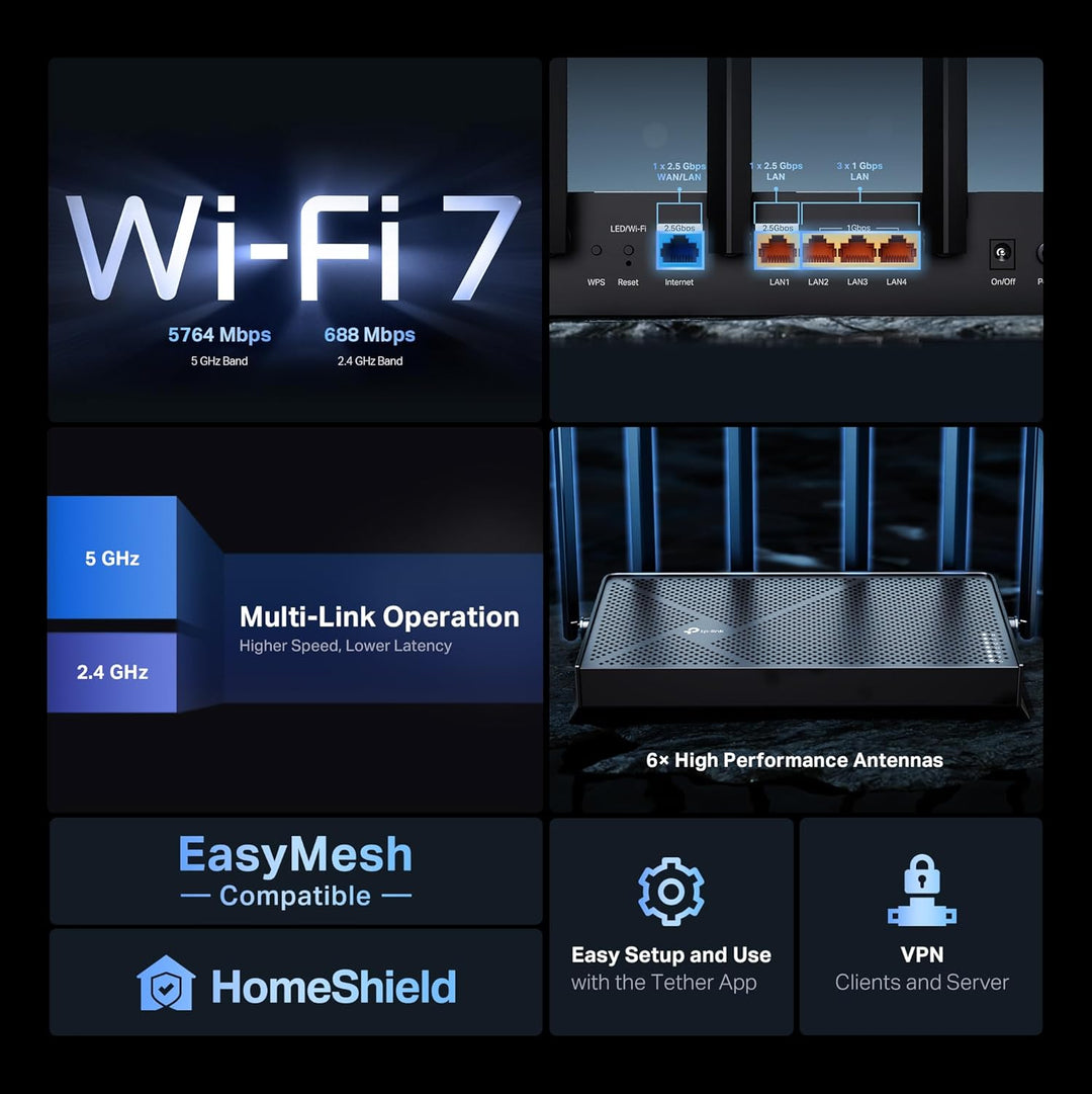 TP-Link Enrutador WiFi 7 de doble banda BE6500 (BE400) - Puertos du...