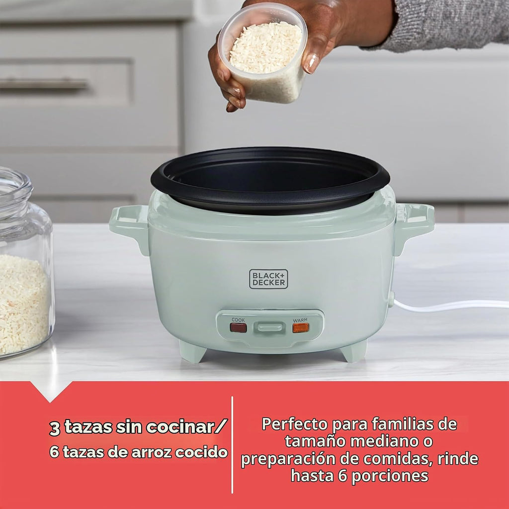 BLACK+DECKER Arrocera de 6 tazas con cesta de vapor, spray de surf
