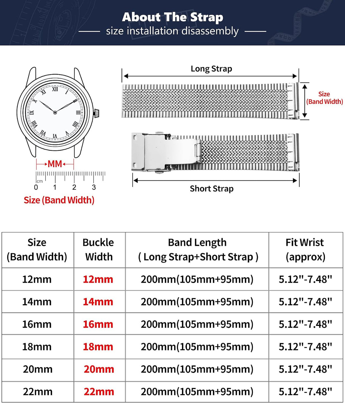 BINLUN Correas de reloj de malla de acero inoxidable de 12 mm, 14 mm, 16 mm, 18 mm, 20 mm, 22 mm, ultradelgadas, de liberación rápida, correas de reloj de metal de repuesto para hombres y mujeres, 4