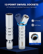 Orion Motor Tech juego de 10 piezas de 3/8 pulg. de llave de bujía con llave de torque de clic de 72 dientes, enchufes giratorios magnéticos, junta universal y barra de extensión, enchufe de bujía
